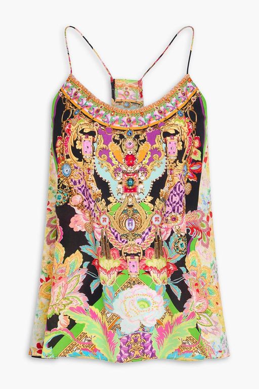 Crystal-embellished Printed Silk Crepe De Chine Camisole - Red - Camilla Tops