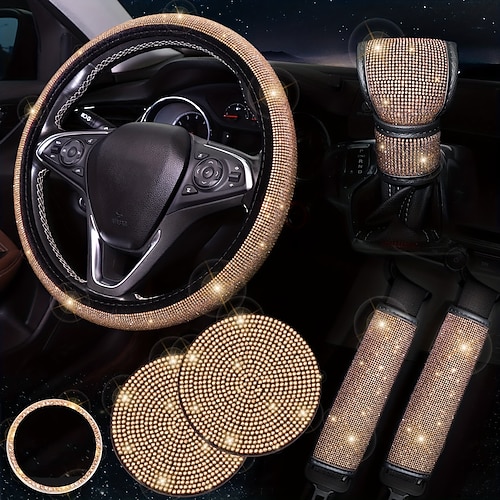 Glitzerndes Auto-Accessoires-Set für Damen, 8-teiliges Strass-Auto-Innenausstattungsset – funkelnder Lenkradbezug (15 Zoll), Kristall-Sicherheitsgurtbezüge, Schalthebel- und Handbremshebelbezug, Image