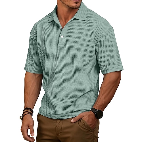 Herren Waffel-Poloshirts Textur Lässig Straße Revers Kurzarm Basic Modern Einfach Leicht Knöpfe Sommer Frühling Lässiger Schnitt Blau Schwarz Weiß Hellgrün Burgunderrot Marineblau Waffel-Poloshirts Image