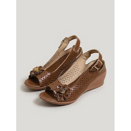 Gelbe Keilsandalen für Damen – atmungsaktive, offene Freizeitsandalen mit floralem Detail für Garten, Reisen und Urlaub Alltagskleidung Image