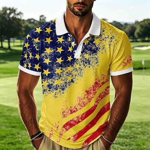 4. Juli 2026 250. Herren Amerikanische Flagge Sport-Poloshirts Kurzarm Polo-Shirts Hemden mit Kragen Lässig Athleisure Festival-Outfit 3D-Druck Knöpfe Atmungsaktives Gewebe Frühling Sommer Blau Image