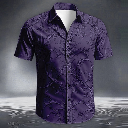 Herren Weinrebe Pflanze Hemd Sommerhemd Knopfhemd Kurzarm Dunkler Gothic-Stil Täglich Outdoor Urlaub Sommer Frühling Umlegekragen 3D-Druck Hemden mit Kragen Blau Schwarz Purpur Grün Image