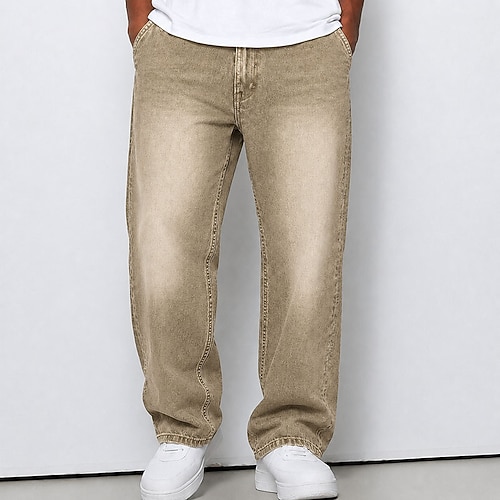 Herren Hose Freizeithose 100% Baumwolle Jeans Elastischer Bund Gerader Schnitt Einfach Komfort Weich Volle Länge Lässig Täglich Outdoor Mode Retro Vintage Blau Khaki Image