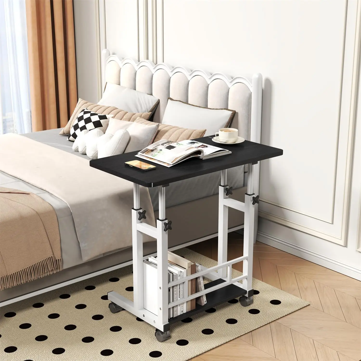 Garvee 80x40cm Mobiler Stehschreibtisch mit Ablage: Höhenverstellbarer Rollbarer Sitz-Steh-Laptop-PC-Arbeitsplatz in Naturholzoptik, Kleiner Computertisch mit Außenrahmen für Home Office, Büro, Image