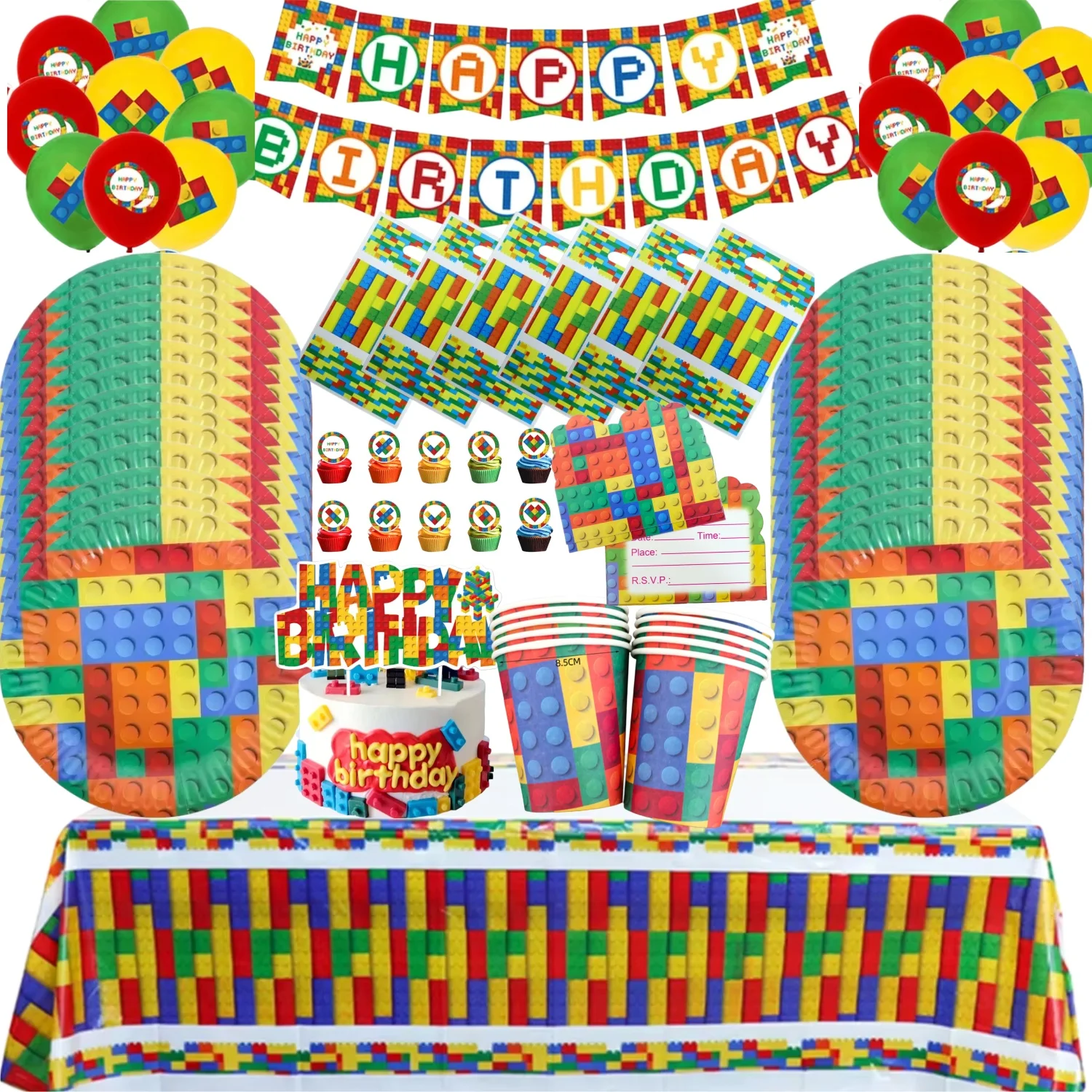 Buntes Baustein-Geburtstagsparty-Geschirrset Tischdecke Becher Teller Servietten Hintergrund Tortendekoration Kindergeburtstags-Zubehör Image