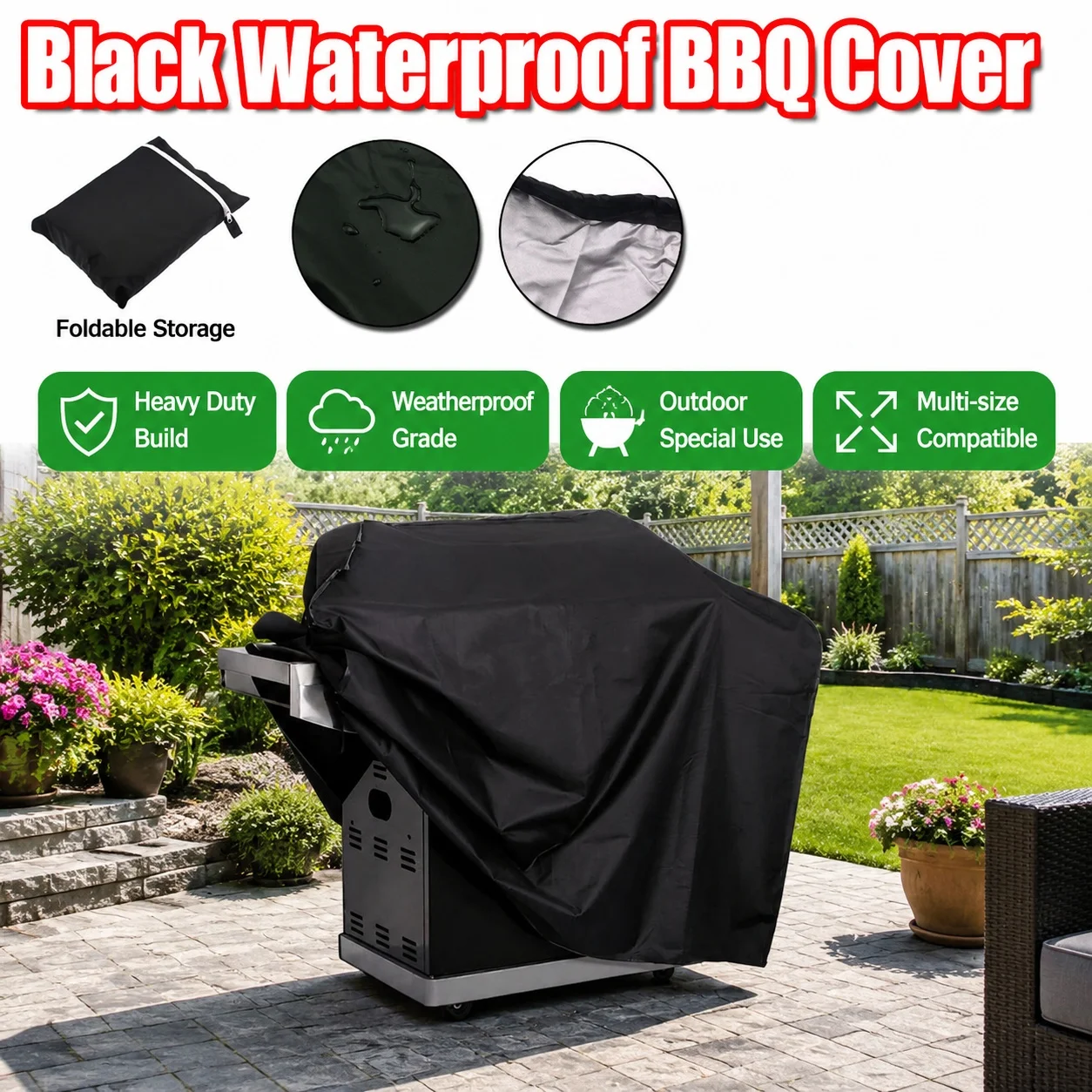 Schwarze Wasserdichte BBQ-Abdeckung Outdoor-Grillzubehör Grillabdeckung Anti-Staub-Regen-Schutz für Gas-, Holzkohle- und Elektrogrills Image