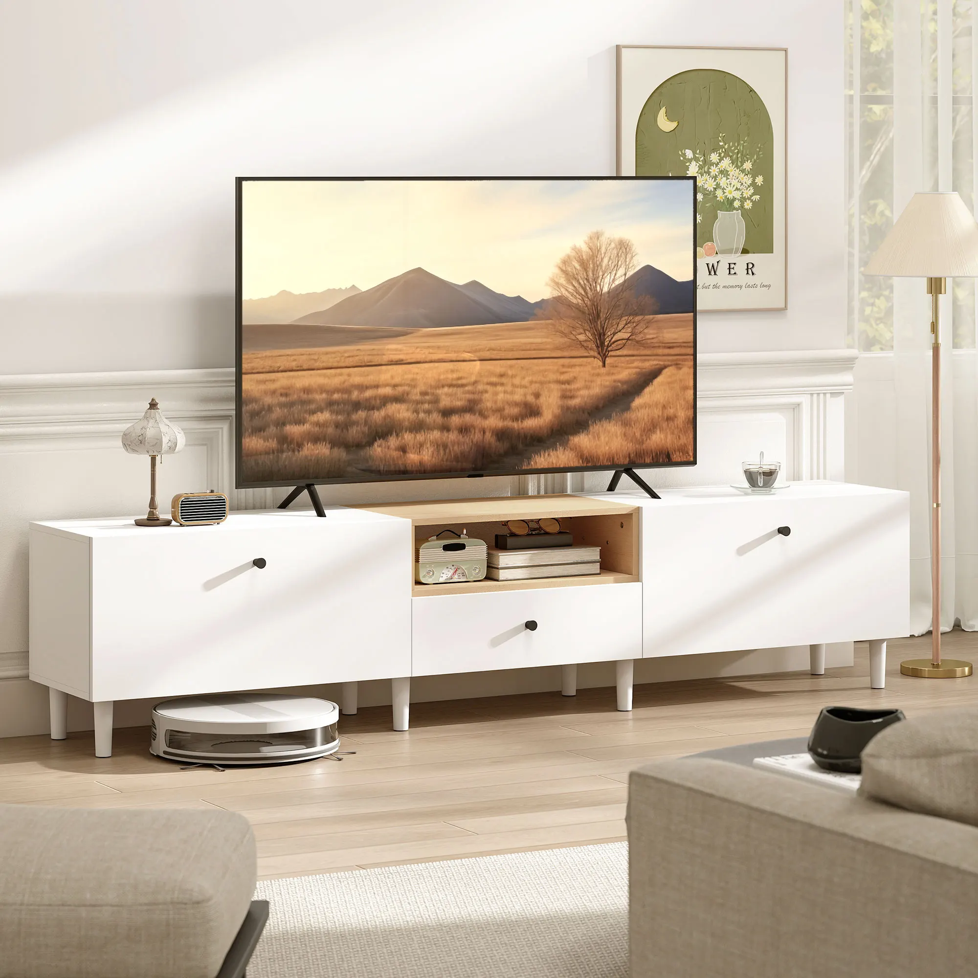 Meuble TV moderne blanc de 200 cm, console multimédia aspect bois avec armoires de rangement dissimulées et tiroir, meuble TV robuste pour téléviseur de 55 à 90 pouces, meuble de divertissement pour