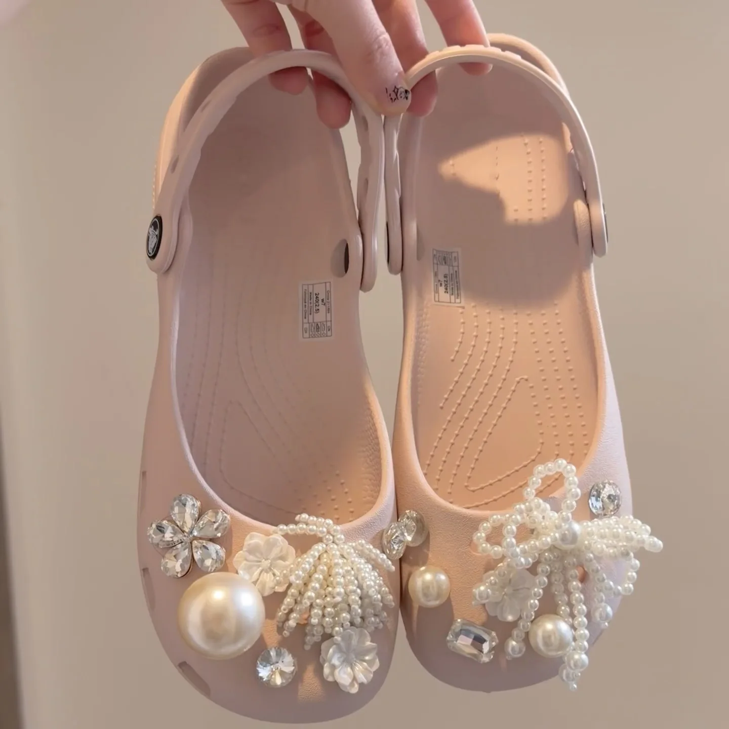 Elegante Perlen-Strass-Blumen-Ballerinas für Damen, Frühling, EVA-Weichsohle, Outdoor-Tragbar, Rosa Mary-Jane-Schuhe, Plateau, Atmungsaktive Clogs