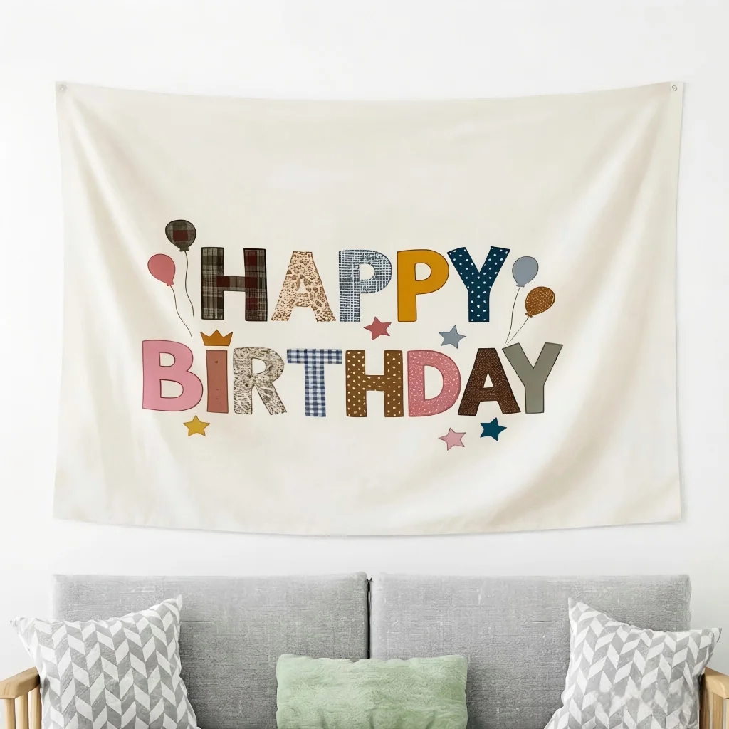 1 Stück Happy Birthday Wandteppich, Wandbehang im Bohemian-Stil, ästhetische Dekoration für Geburtstagsfeiern, Schlafzimmer und Heimwanddekoration Image