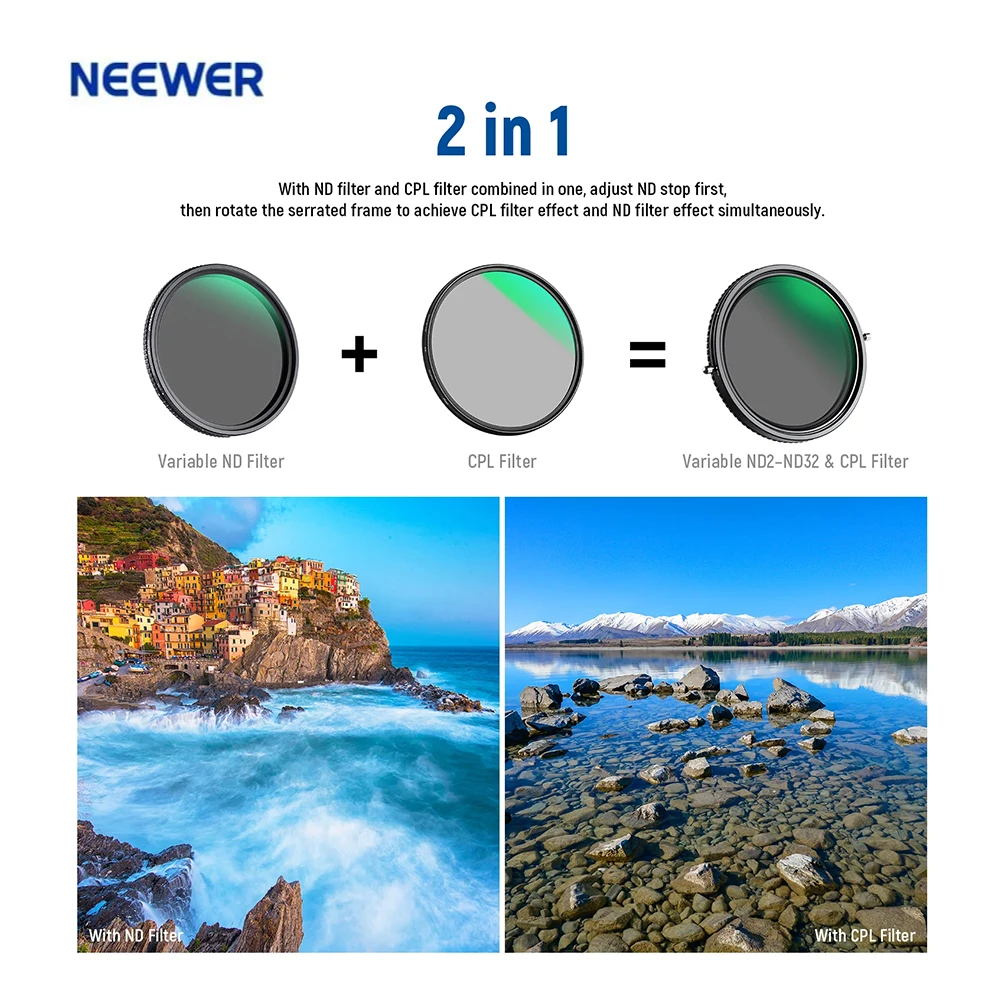 NEEWER 2-in-1 variabler ND2-ND32- und CPL-Filter, 30-lagig mehrfach beschichtetes HD-Optikglas, kein dunkles Kreuzbild, 49/52/55/58/67/72/77/82 mm Image