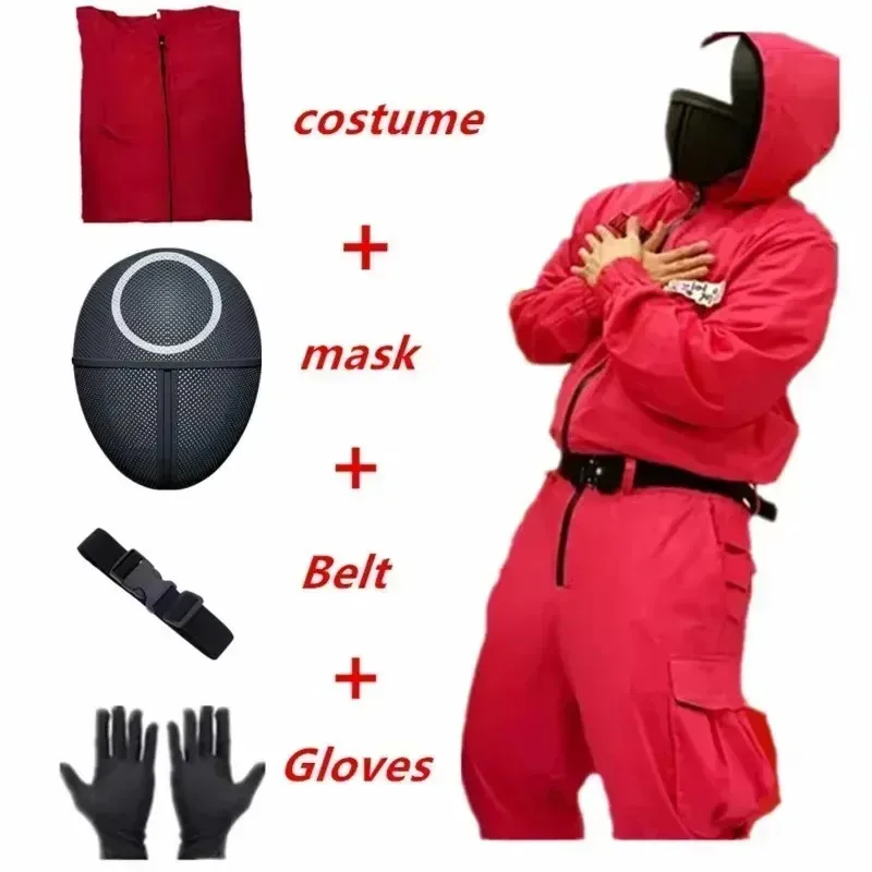 Kinder Rot Spiel Overall Cosplay Party Trainingsanzug Outfits Requisiten Rollenspiel Klassisches Kostüm Gürtel Vollmaske Set Image