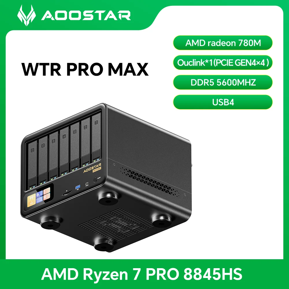 Aoostar WTR MAX Mini-PC 11-Bay NAS AMD Ryzen 7 PRO 8845HS Mini-PC Desktop Heimnetzwerk-Speicher-Server Dual 2.5G ECC-Speicher