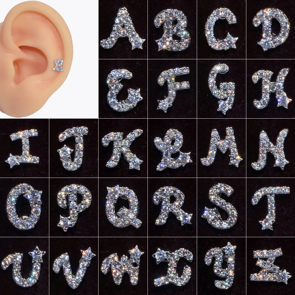 1 STÜCK Chirurgenstahl 26 Englischer Buchstabe des Alphabets Zirkon Lappen Ohrknorpel Helix Ohrringe Damenmode Niedlicher Schmuck Image