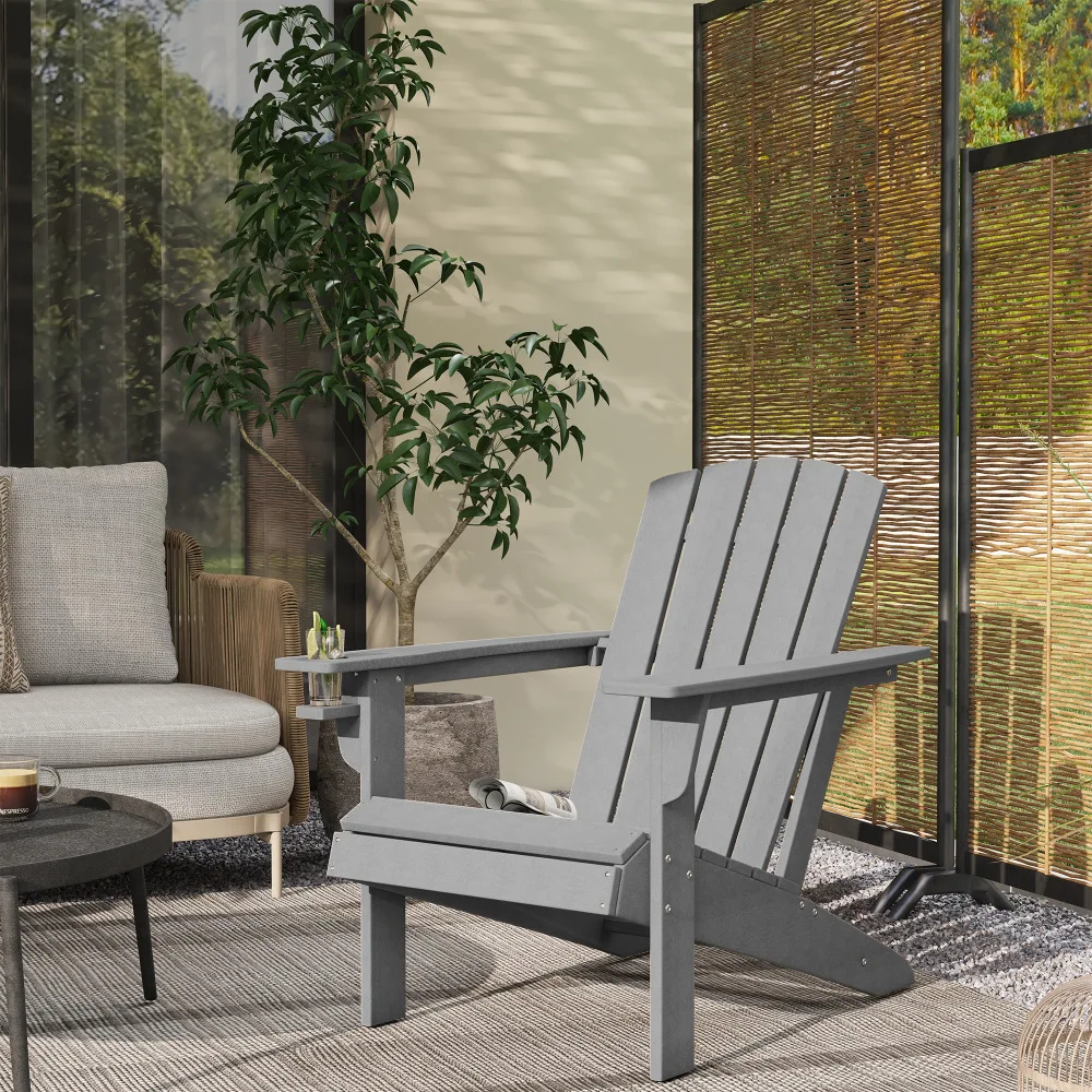 Chaise de jardin Adirondack avec porte-gobelet, chaise de jardin en plastique, grise, 75 x 87 x 90 cm, idéale pour le jardin et le mobilier de balcon