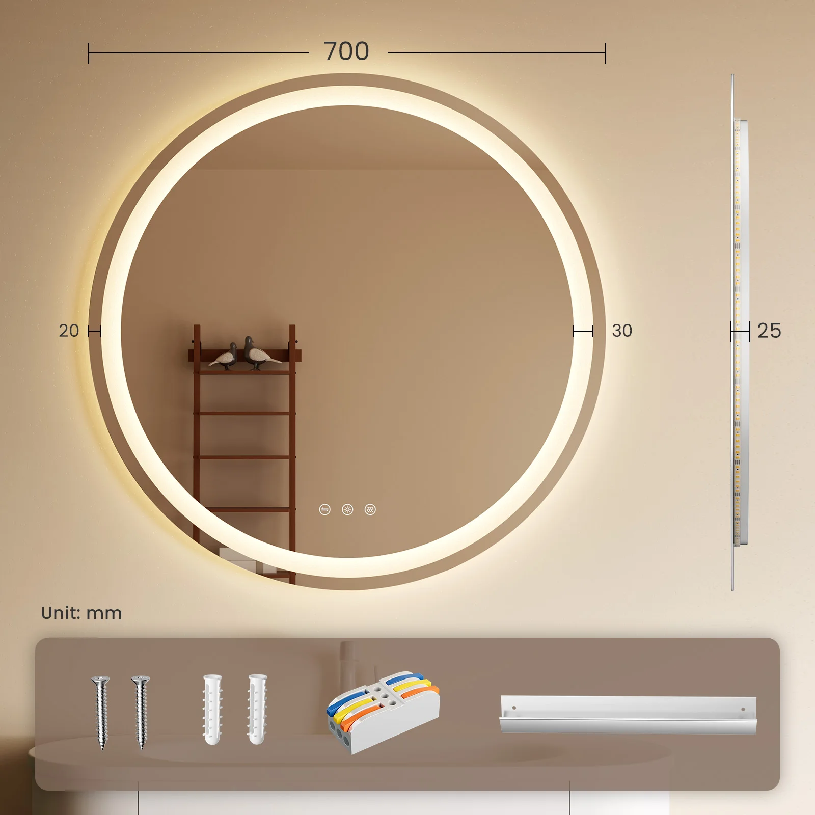 70cm Rund LED-Badezimmerspiegel Antibeschlag, Doppelbeleuchtung Vorne & Hinten, 3 Farben Dimmbar, Touch-Steuerung, IP67 Wasserdicht, Bruchfest Wandspiegel, Modernes Design, LED-Spiegel