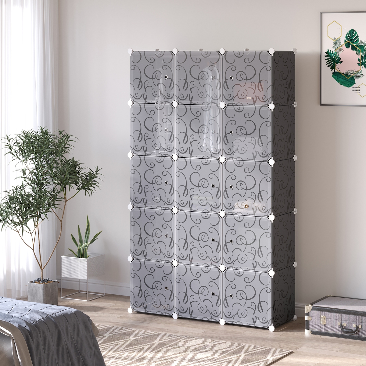 MODFU Kleiderschrank Regalsystem mit Kleiderstangen Schwarz 111x47x183 cm modularer Kunststoffschrank mit Metallrahmen 11 Würfel Image
