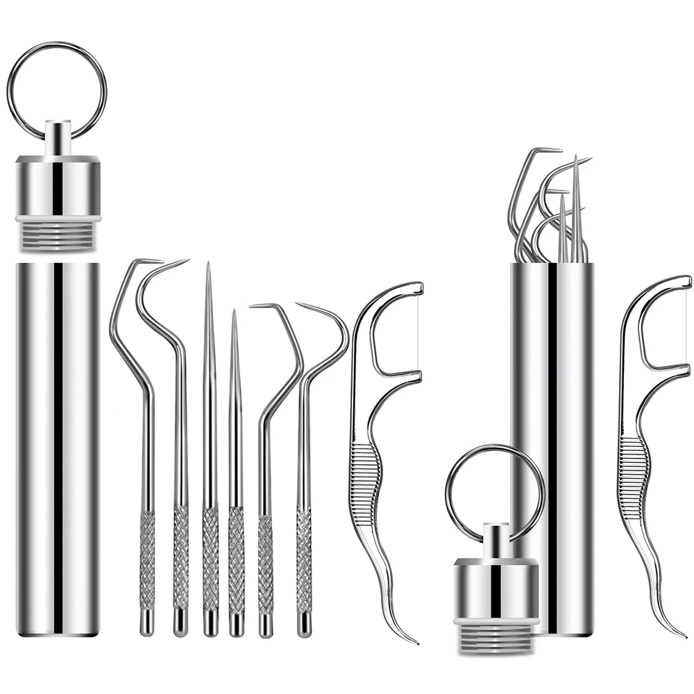 Tragbare Edelstahl Zahnstocher Tasche Set Wiederverwendbare Metall Zahnstocher Reinigung Kit Zahnseide Für Reise Zähne Sticks Image