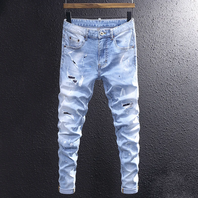 Street Fashion Männer Jeans Retro Licht Blau Slim Fit Elastische Loch Zerrissene Jeans Männer Stretch Hose Gemalt Designer Hip Hop hosen