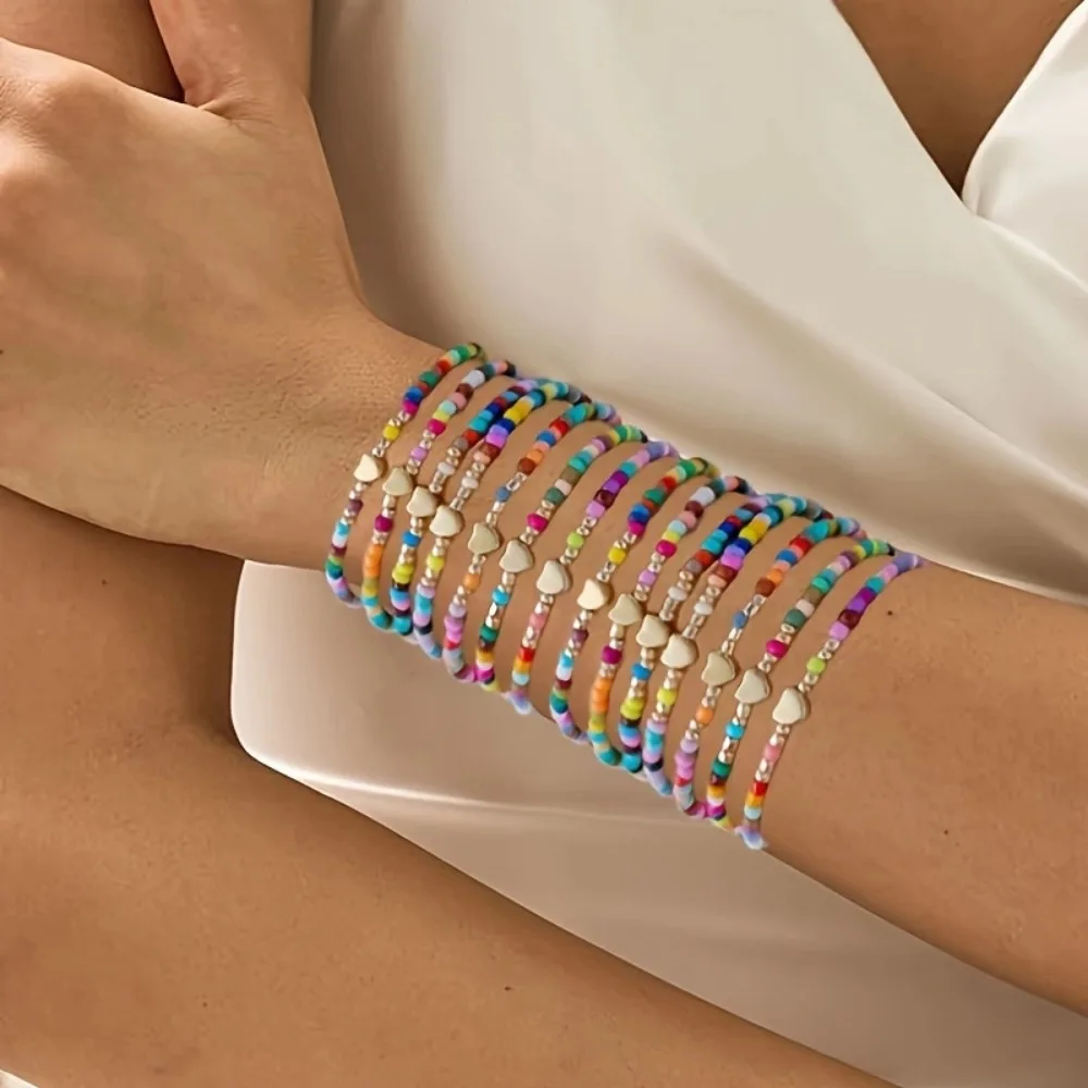 7 Stücke Böhmen Handgemachte zufällige Bunte Perlen Armbänder für Frauen Elastische Perlen Armbänder Mädchen Party Urlaub Schmuck Dekoration Image