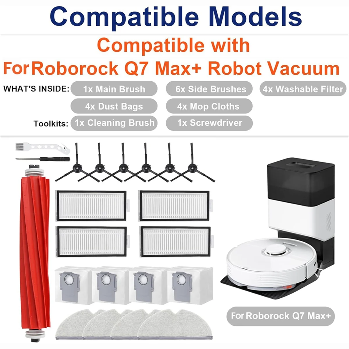 【2025-Electronics】{Zubehörset für Roborock Q7 Max+ Roboterstaubsauger, Ersatzteile, Hauptseitenbürste, Filter, Wischbeutel Image