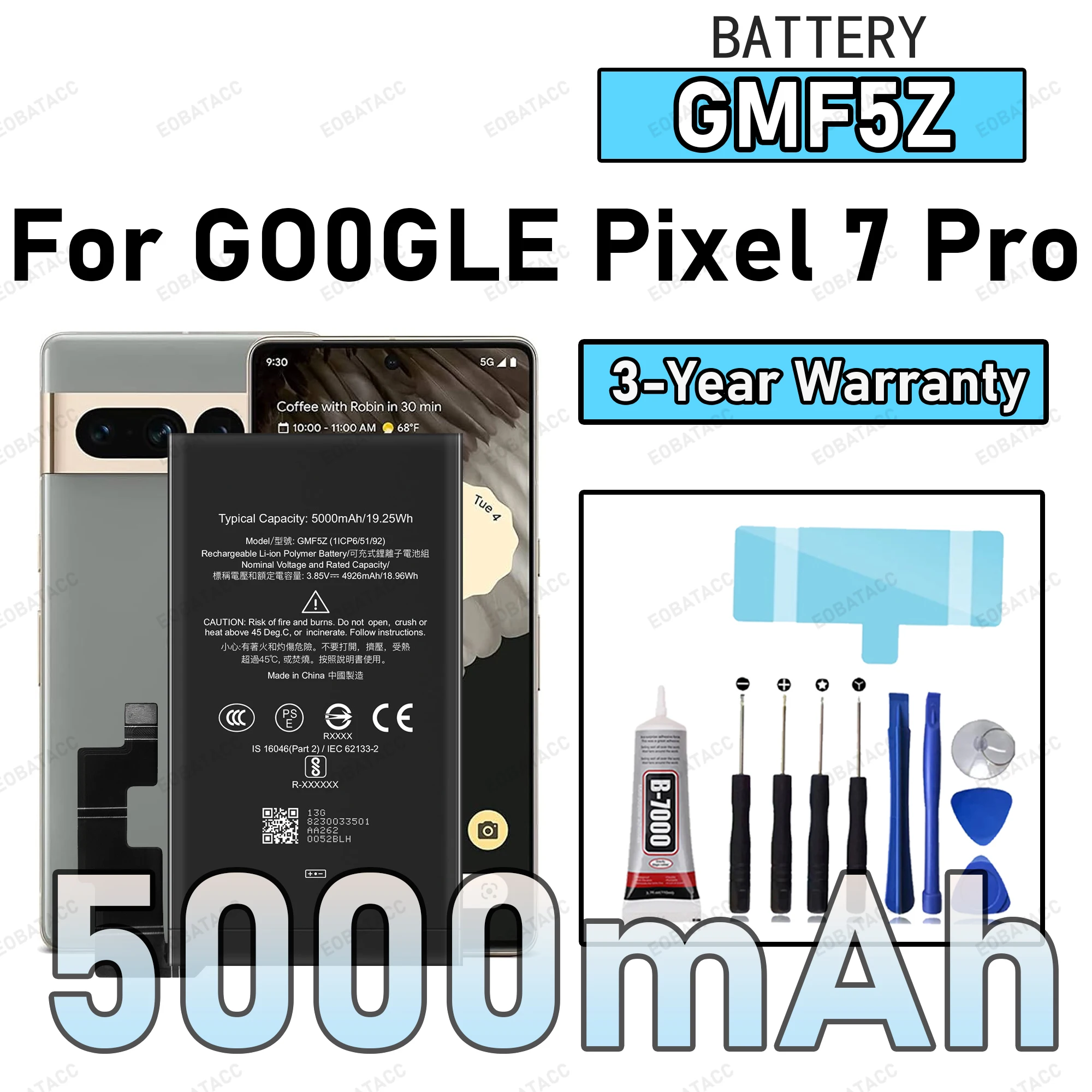 100 % neuer Nullzyklus GMF5Z Akku für GOOGLE Pixel 7 Pro Telefon Ersatz Bateria + kostenlose Tools Image