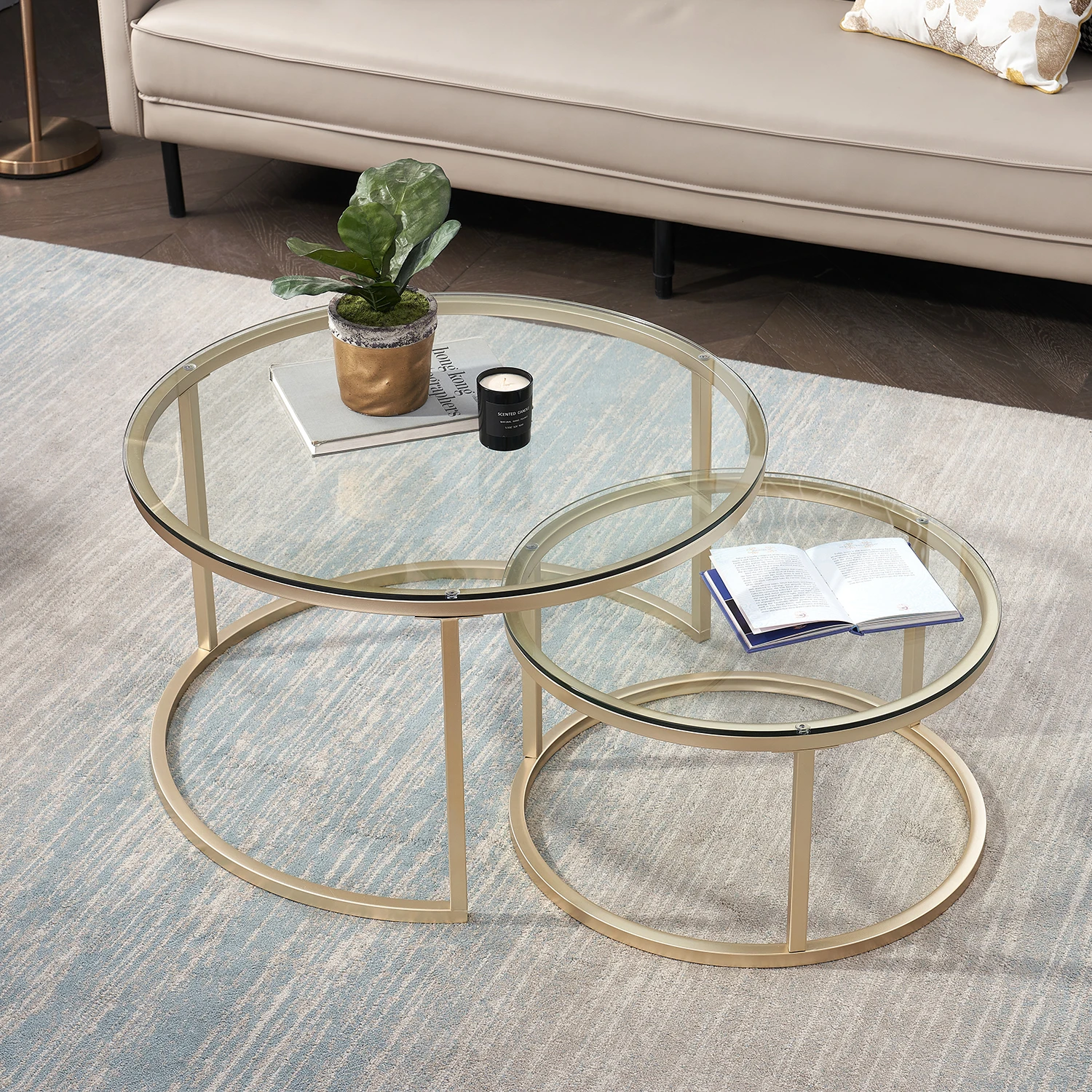 EGOONM 2-in-1-Couchtisch aus Eisen, modischer Couchtisch für kleine Wohnung, Wohnzimmer, gehärtetes Glas, runder Sofa-Seiten-Couchtisch Image