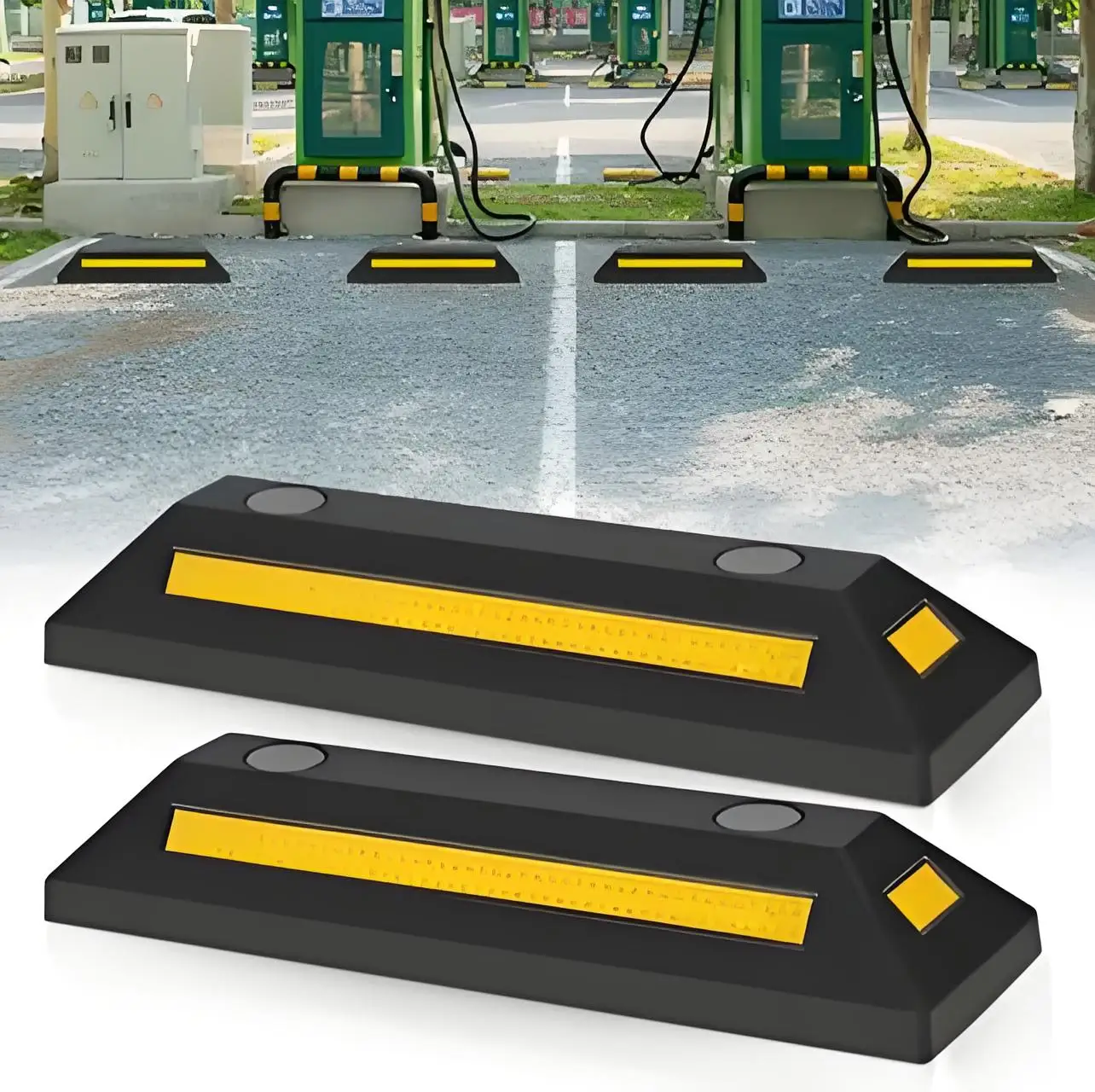 Rutschfester Garagenpark-Radstopper aus Gummi mit Hochsichtbaren Gelben Streifen für Alle Autos und LKWs 1/2 Stück Image