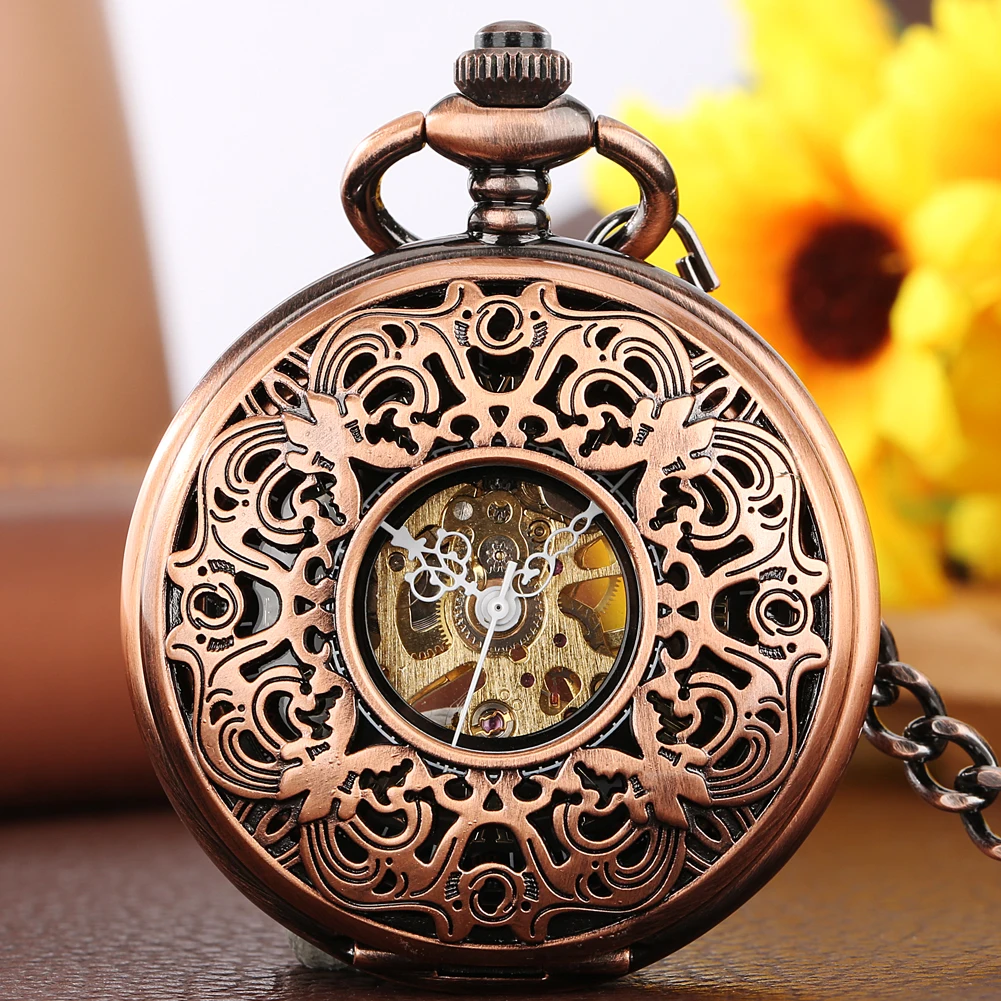Kupfer rote hohle mechanische Taschenuhr klassische römische Ziffern rundes Zifferblatt Vintage stilvolle Handaufzug antike Uhr Geschenk