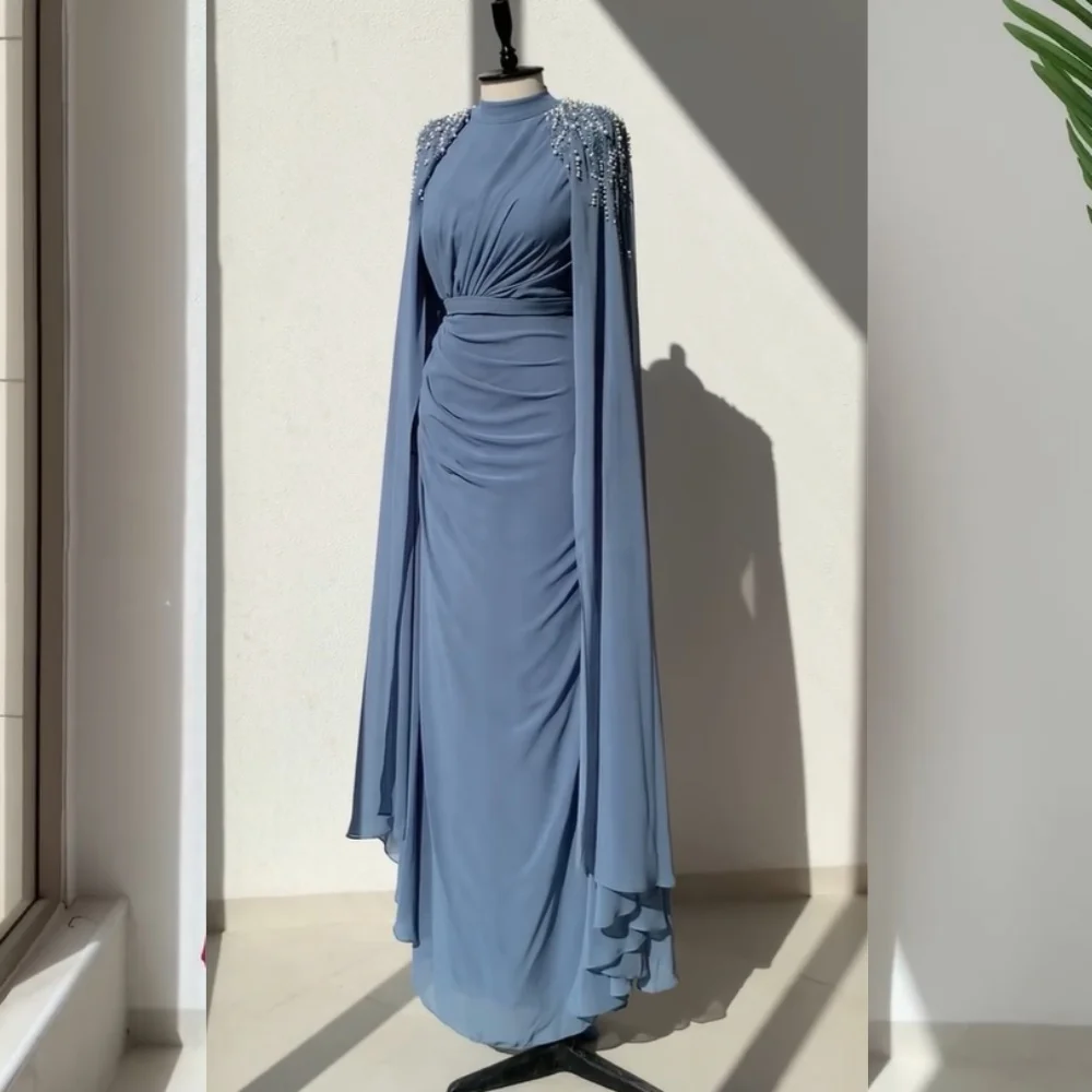 Customized Simple Chiffon Sash Pleat Sequined Straight High Collar Long Dresses Bespoke Occasion Quality