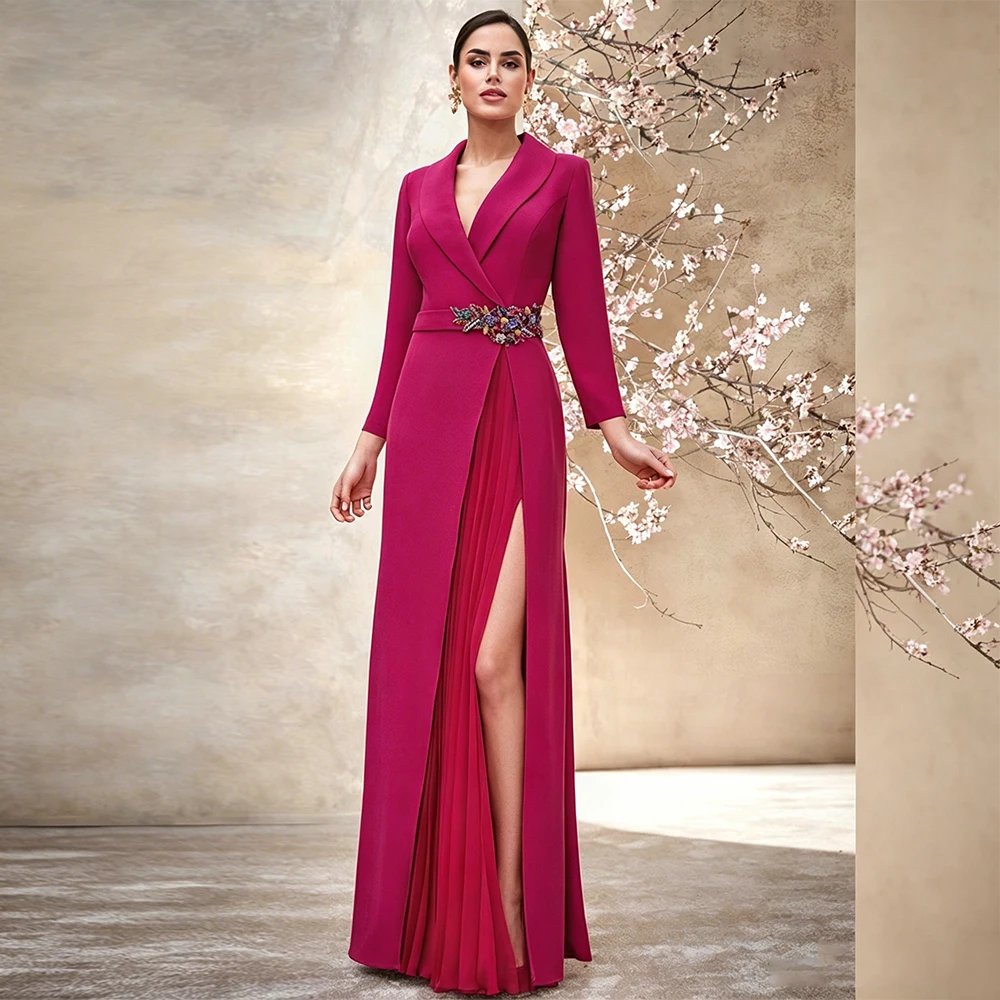 Customized Mother of Bride/Groom Dress 3/4 Sleeves Side Split Modern Wedding Guest Gowns Fuchsia Beading Applique Formal Dresses