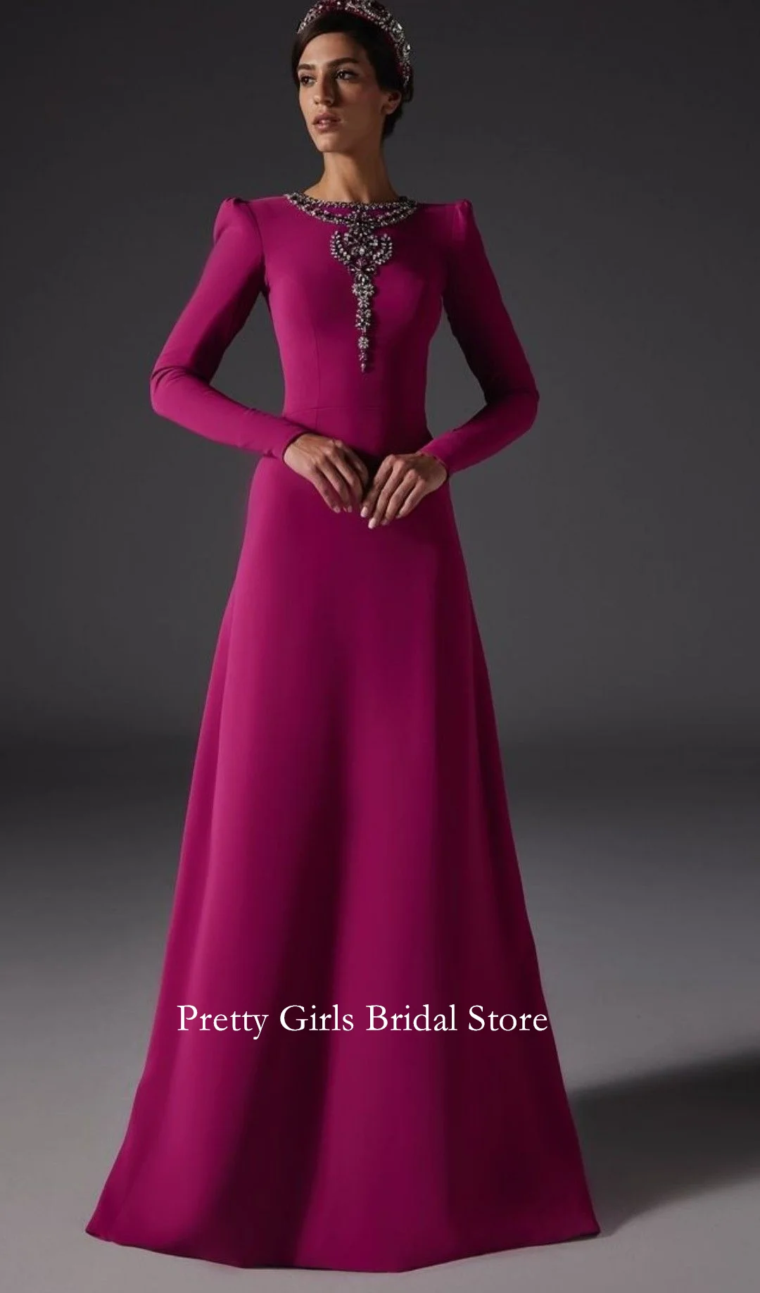 Customized Crystals O-Neck Formal Wedding Dresses Rose Red Crepe Satin Floor Length Classic Elegant Bride Gowns Party Women