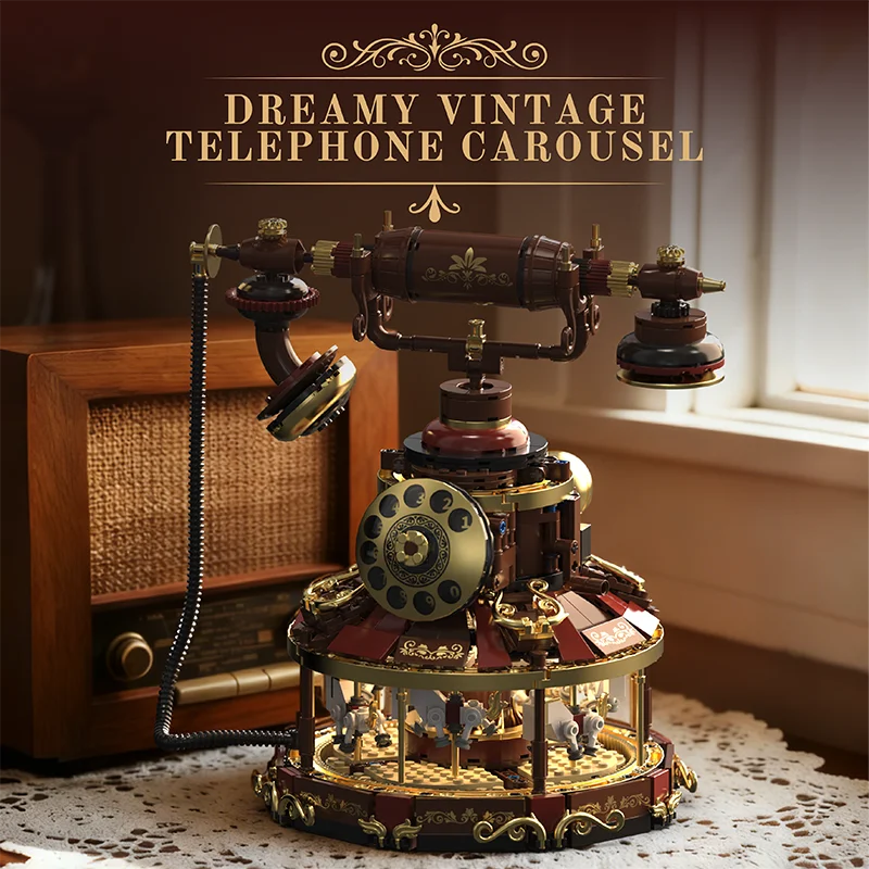 Retro Telephone MOC Building Toys Carousel Blocks Model Room Decor DIY Bricks Sets Ornament Gifts for Adult 1100+pcs With Light