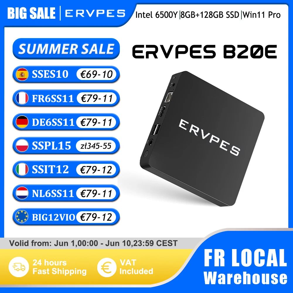 ERVPES Mini-PC B20E Intel 6500Y Windows 11 DDR3 8GB RAM 128GB SSD HDMI VGA WIFI5 BT 5.0 USB Kompakter Desktop-Computer