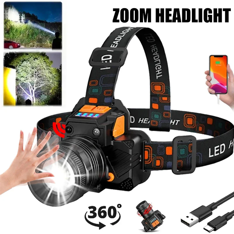 USB wiederaufladbare Induktionsscheinwerfer, eingebauter Akku, rotierender Zoomkopf, Taschenlampe, Camping, Angeln, Suchlicht, Powerbank Image