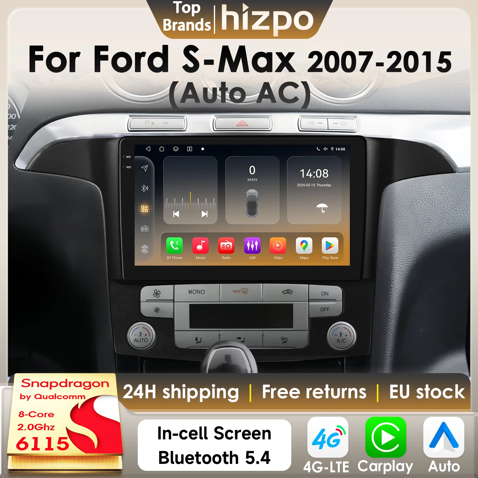 Hizpo Carplay Android Auto Auto Radio Für Ford S-Max S Max 2007-2015 Auto Multimedia GPS 4G 360 Kamera durch Qualcomm Snapdragon6115 Image