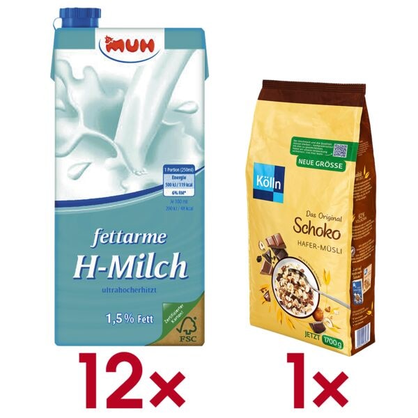 MUH 12er-Pack Milch »H-Milch 1,5% Fett« inkl. Müsli »Schoko« 1,7 kg Image