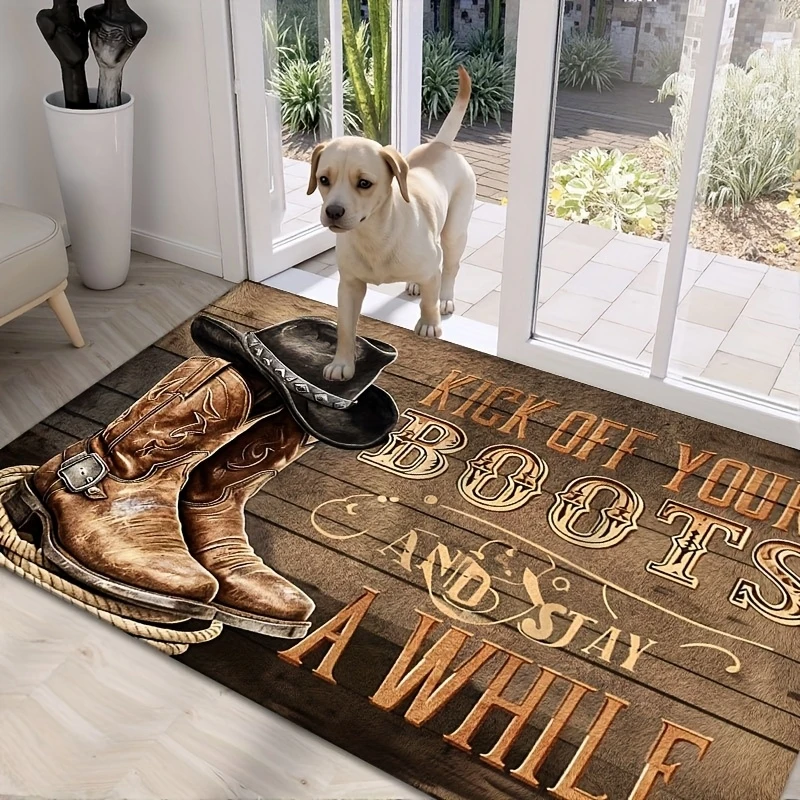 VIKAMA Western Cowboy Fußmatte, „Kick Off Your Boots“ Aufdruck, Rutschfester Saugfähiger Eingangsteppich, Waschbarer Rustikaler Farmhaus-Dekorteppich Image