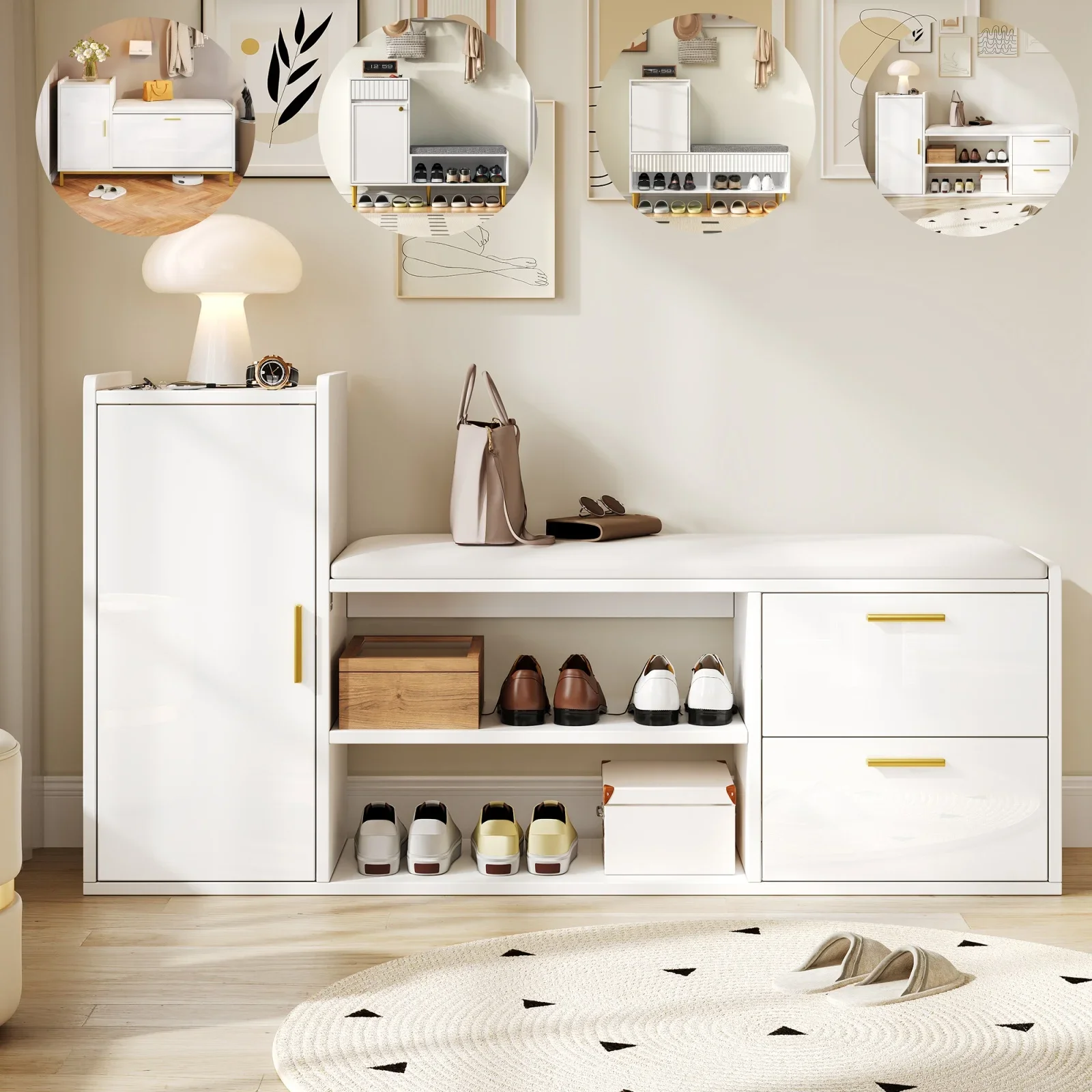 Anajqaqia Moderner Schuhschrank/Rack und Schuhbank aus Holz mit gepolstertem Sitz- und Stauraum, für Wohnzimmer und Flur