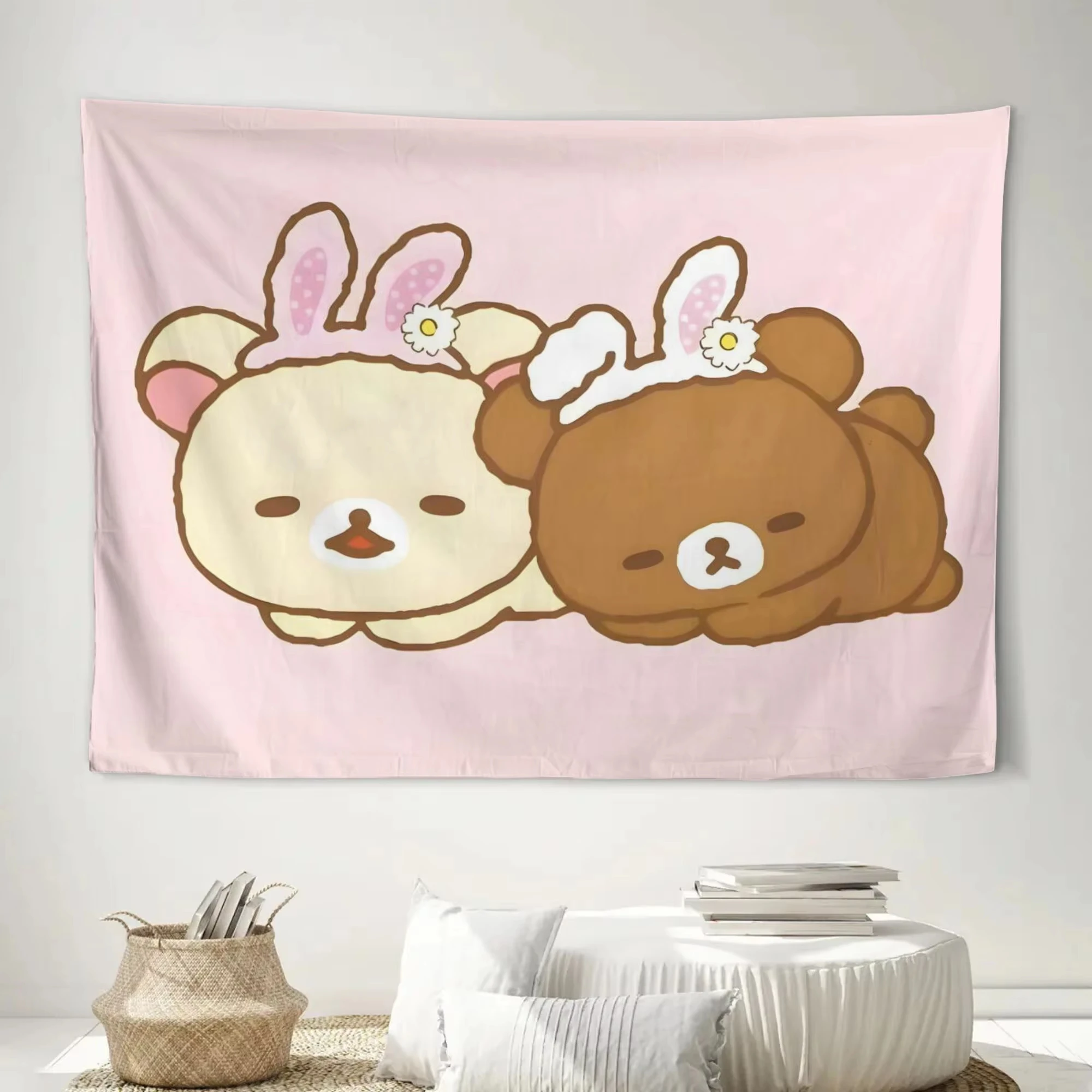 Niedliche R-Rilakkuma-Wandteppiche, Wandkunst mit Hasenohren-Bären, Kawaii-Raumdekoration mit pastellrosa Hintergrund Image