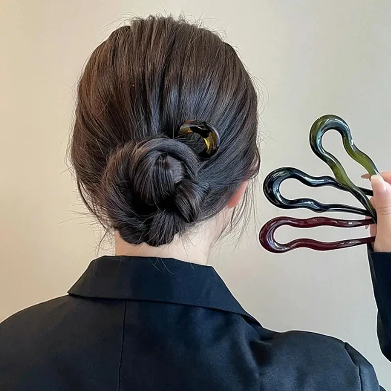 U-förmige Haarspange für Damen, mehrfarbig, aus Acetat, mit gedrehtem Muster, Schildpatt-Textur, im luxuriösen Stil Image
