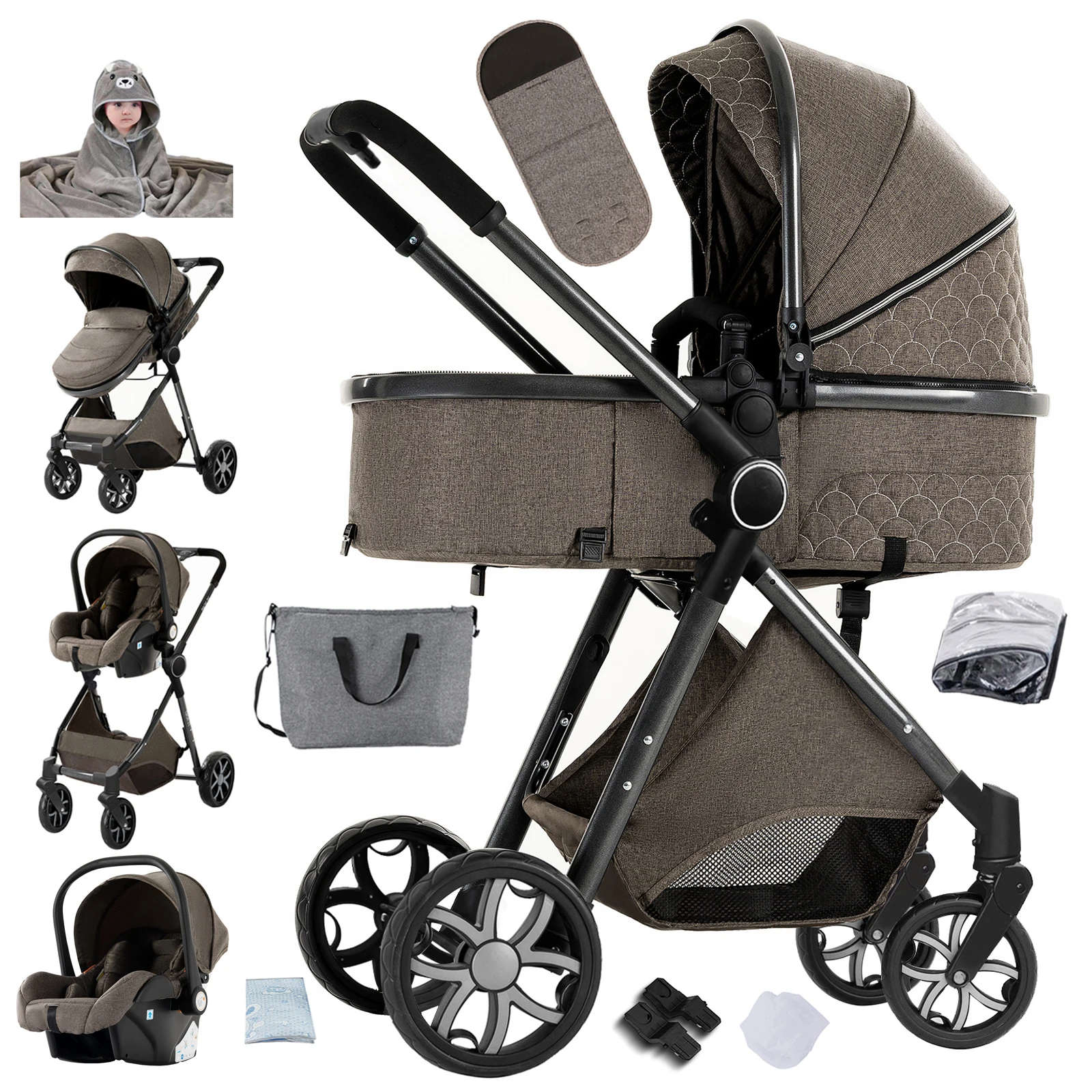 Praktischer 3-in-1 Kinderwagen, Bequem und Stilvoll mit Sicherem Autositz, Luxuriöser Babywanne und Vielseitigem Kinderwagen