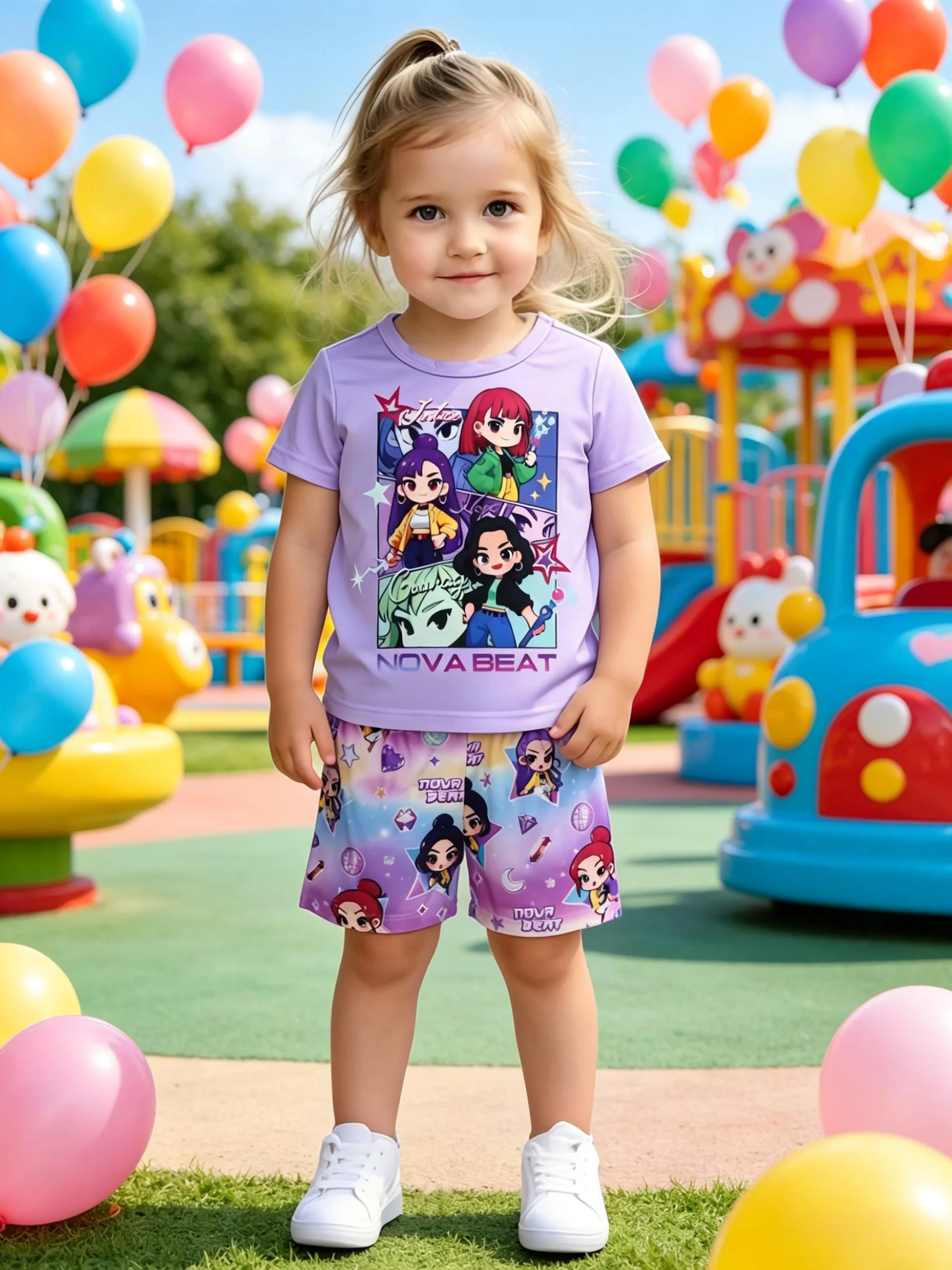 Süßes, cooles Cartoon-Charakter-Set mit Farbverlauf-Allover-Print für Mädchen, Kurzarm-Oberteil und Shorts, Neuerscheinung Image