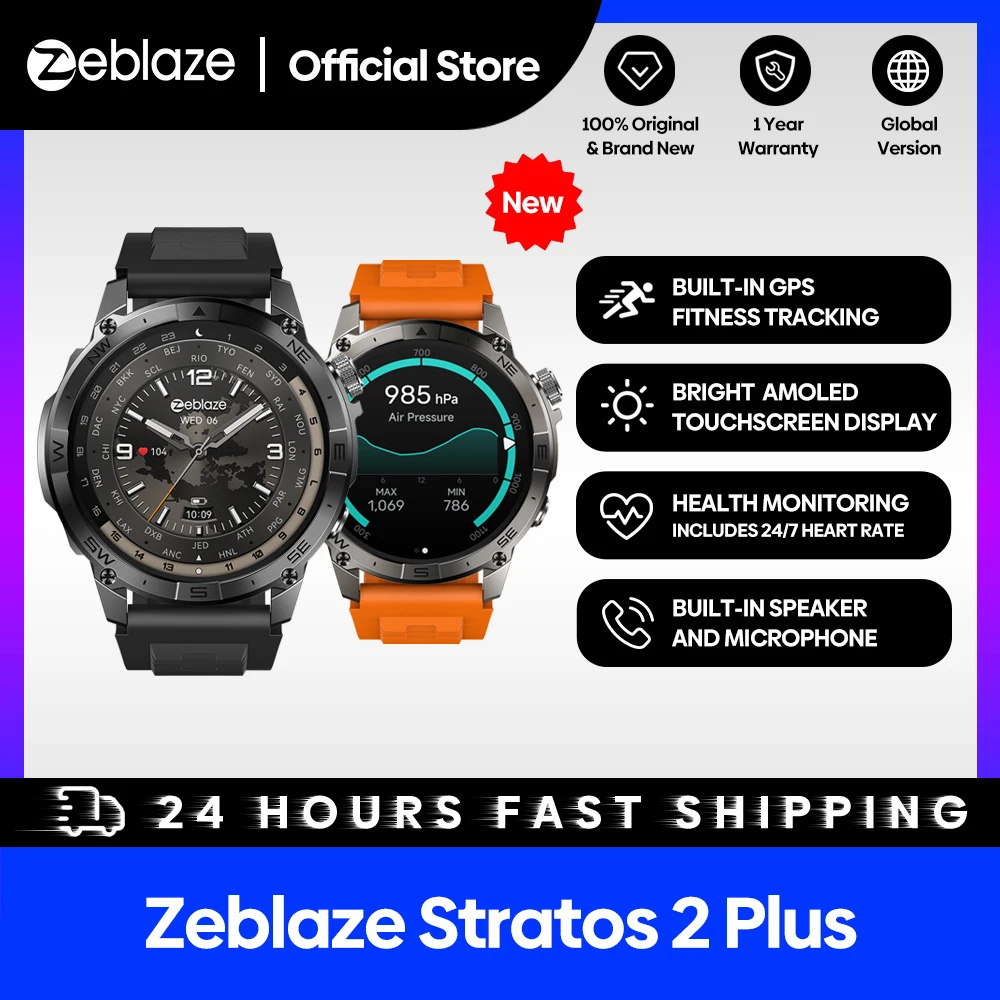 Neue Zeblaze Stratos 2 Plus GPS-Smartwatch, 1,43 Zoll AMOLED-Display, Kompass, barometrischer Höhenmesser, Fitness-Tracking-Smartwatch Image