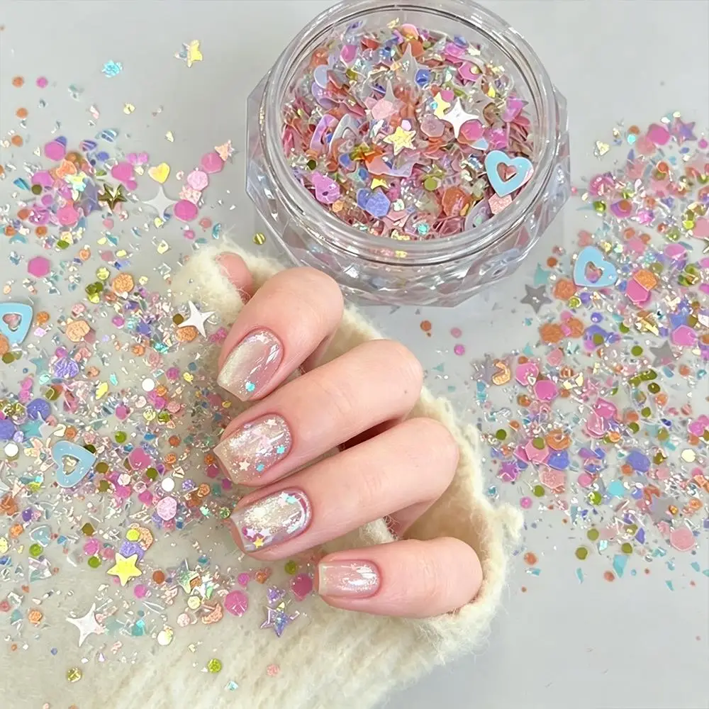 1 Box Aurora Pink Heart Star Nagelglitzer-Pailletten, bunt, gemischt, unregelmäßige Nagelflocken, Y2K Sweet Girl Maniküre-Dekor, Pailletten Image