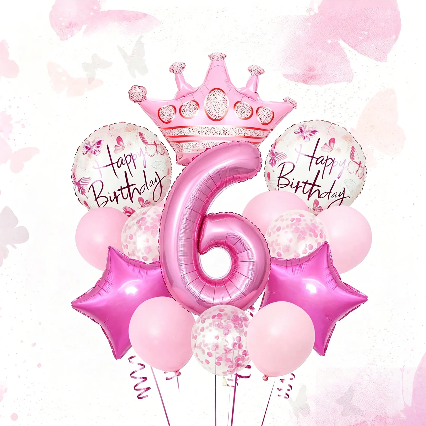16-teiliges rosa Geburtstagsdekorationsset, inklusive 40-Zoll rosa Zahlenballons 1-9, rosa Schmetterlingsballons, rosa Krone, lila sternförmige Folienballons, rosa Latexballons, geeignet für Image