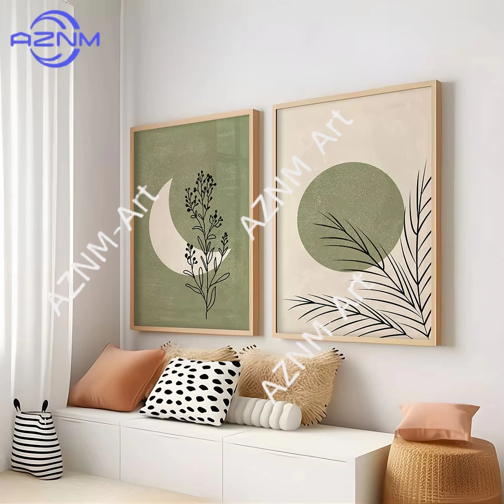 1 Stück/2 Stück Bohemian Pflanzen-Mond-Sonne Leinwandposter Grüner Beiger Hintergrund Landschafts-Wandkunst für Moderne Wohnzimmerdekoration Image