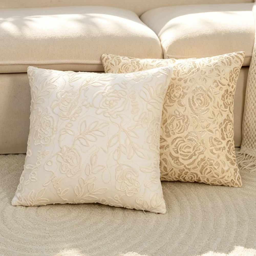 BuyNow 1 Stück Pailletten-Bestickter Blumen-Kissenbezug Beige Kissenhülle für Wohnzimmer Sofa Heim Party Schlafzimmer Deko Sofakissen Image