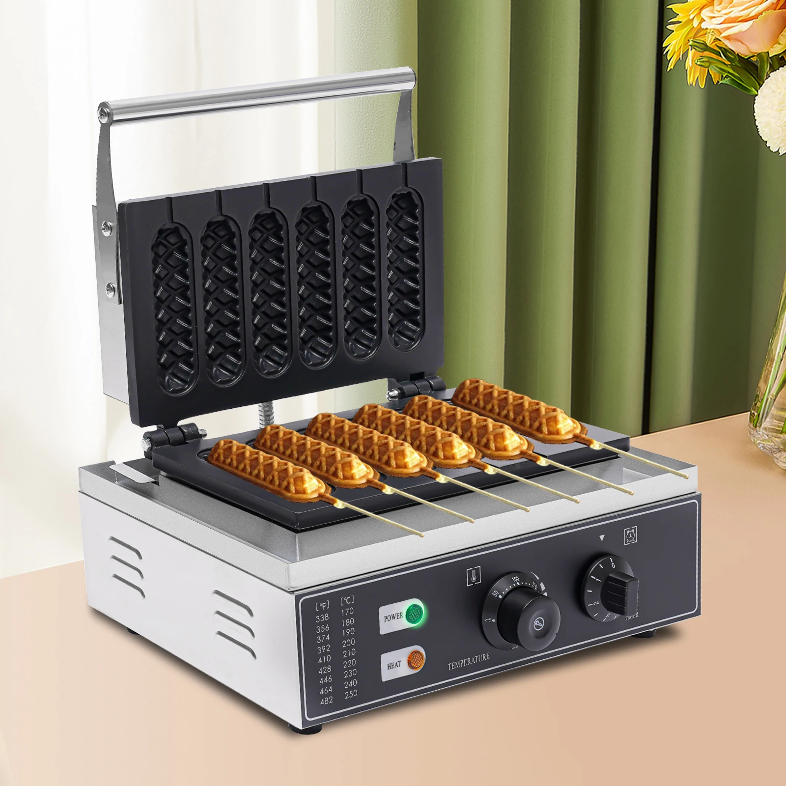 Waffeleisen, Waffelautomat, 1500 W, Elektrisches Waffeleisen aus Edelstahl, Kommerzieller Waffelautomat mit 6 Stück Griffen/Corn Dog Image
