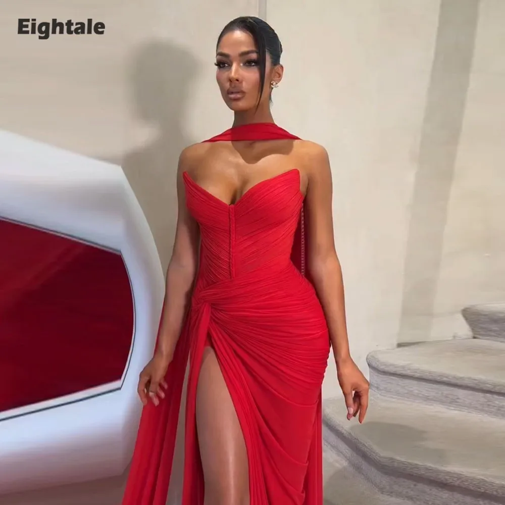 Eightale Arabisches Abendkleid aus Chiffon, maßgeschneidert, V-Ausschnitt, Falten, hoher Schlitz, rotes Abendkleid, Partykleid, Robe De Soiree Image