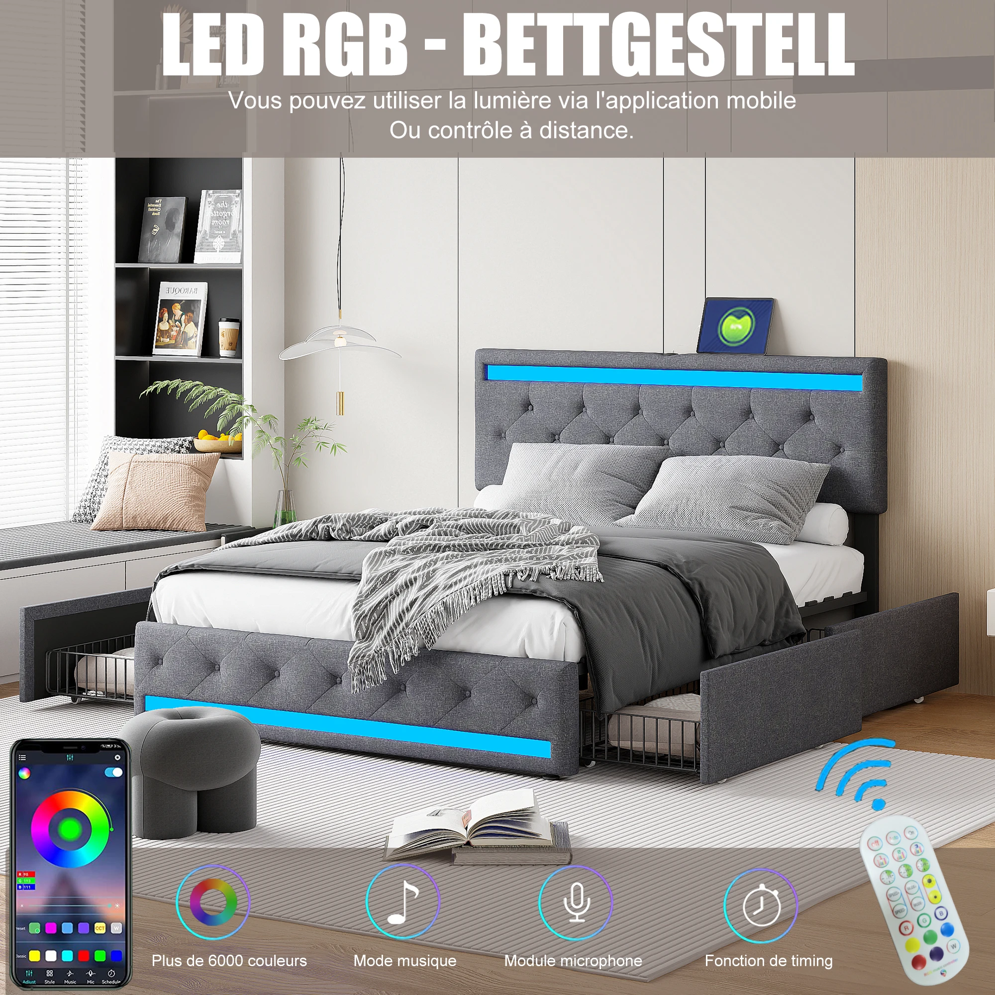 Anajqaqia 140/160/180×190/200 cm großes Doppelbett mit 4 Schubladen, Schubladenbett mit LED-Licht und USB-Ladefunktion, multifunktionales Erwachsenenbett, Leinenstoff, Schlafzimmermöbel